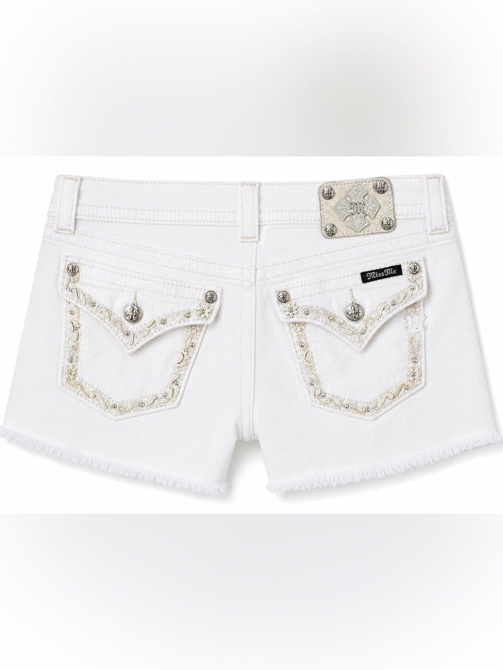 Miss Me White Denim Shorts Size 29 Embroidered Rhinestone Stretch Frayed Hem - Picture 2 of 11